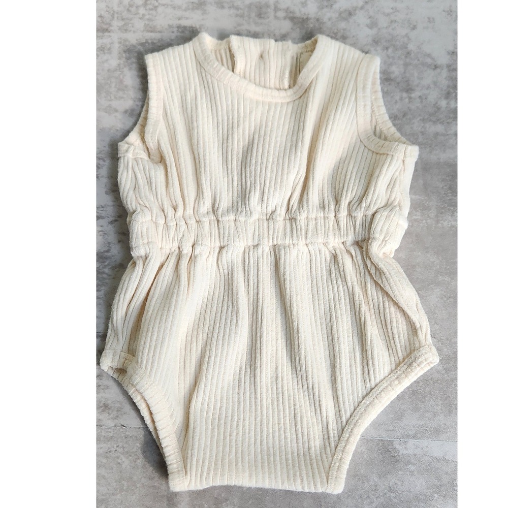 The Simple Folk Baby Ribbed Knit Sleeveless Romper 0-3 Months Cream Henley Basic